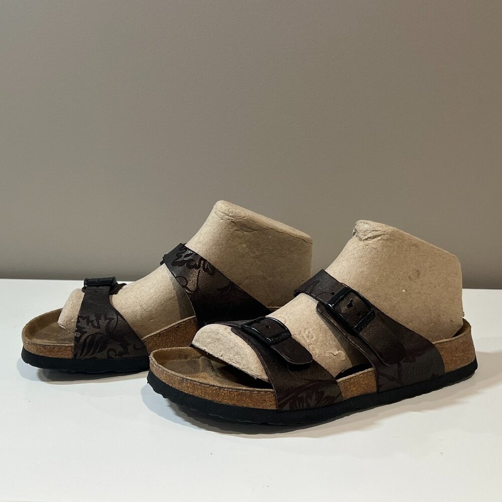 Papillio Birkenstock Two Strap Leather Embossed Adjustable Straps Sandal Size 37